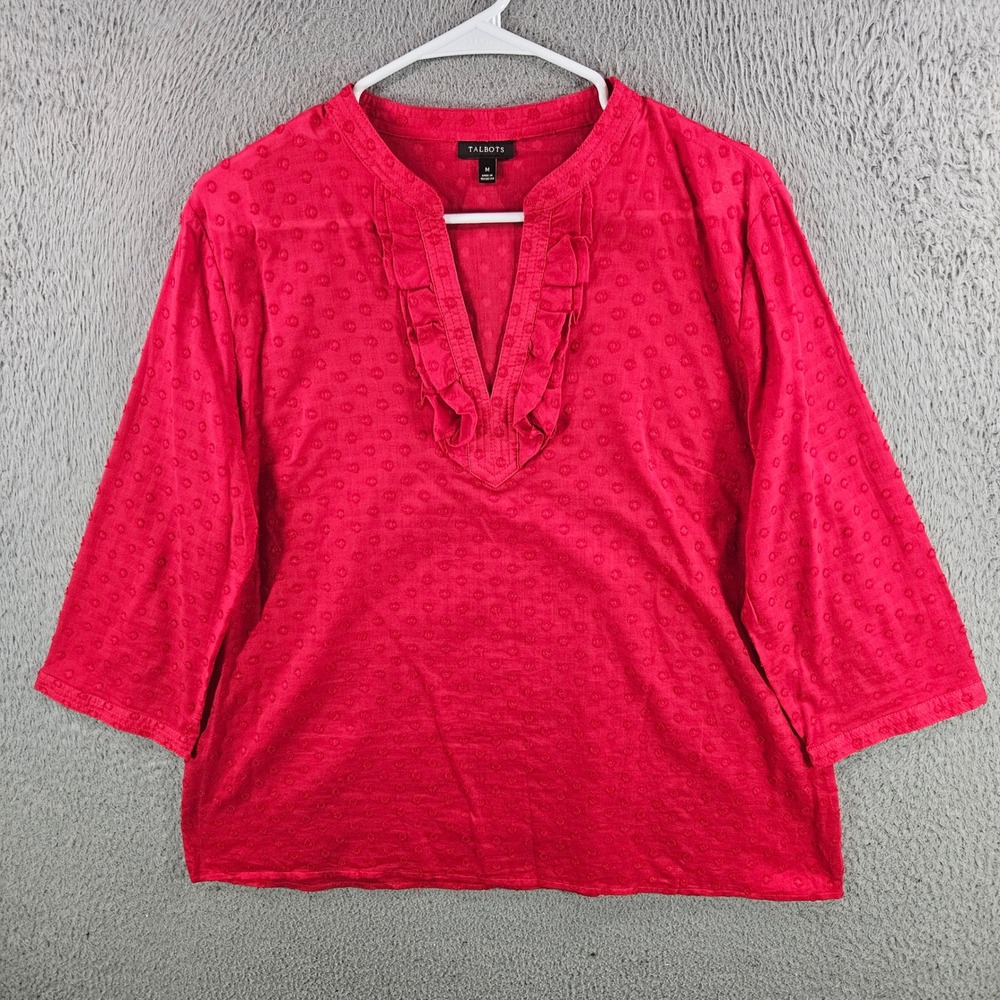 Talbots Red Swiss Dot Ruffle Neck 3/4 Sleeve Cotton Blouse Womens Medium